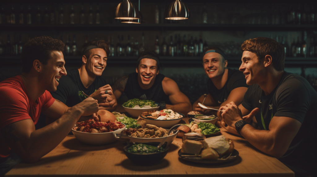 A group of athletes enjoying a balanced meal to sup