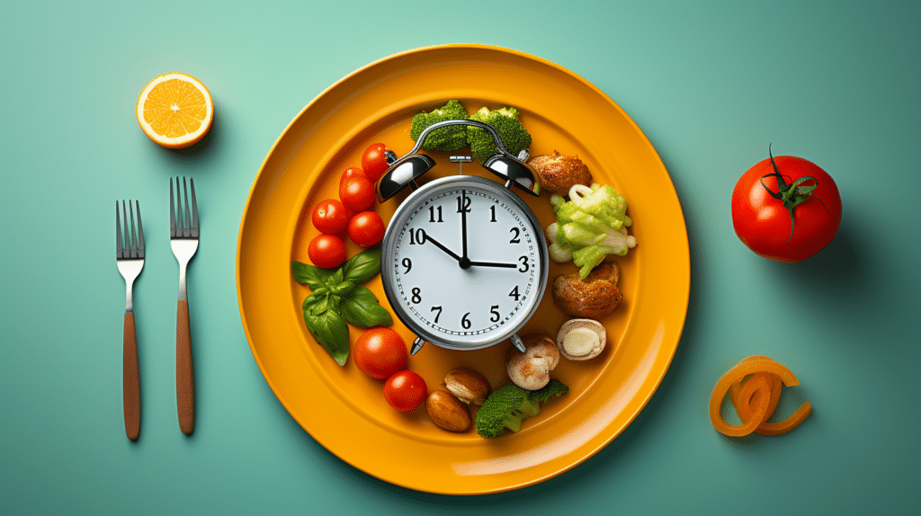 A plate with a balanced meal and stopwatch on a fit